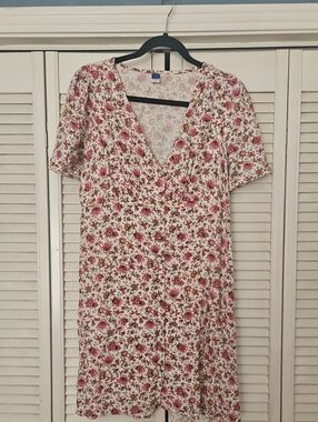 Old Navy White Midi Dress with Pink Floral Print